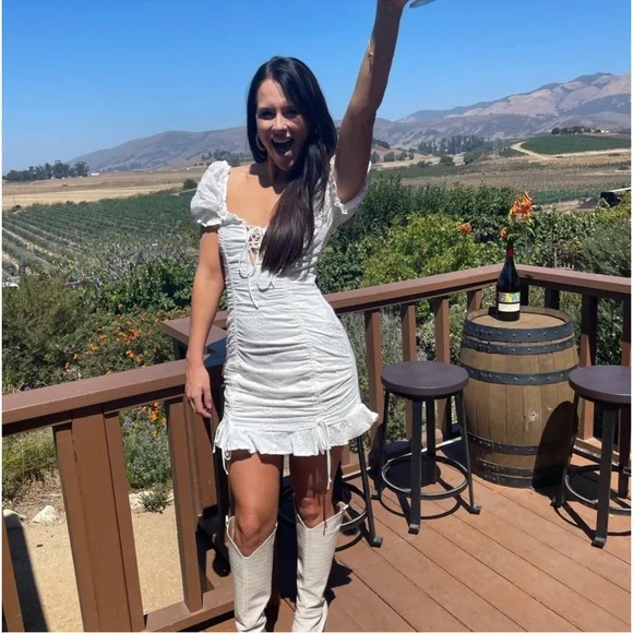 NWT SELFIE LESLIE La Quinta White Eyelet Lace Ruched Mini Dress w Puff Sleeves - Picture 3 of 16